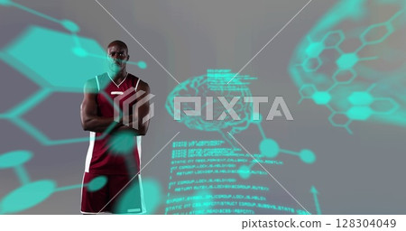 Image of chemical structures over male basketball player Image of chemical structures over male basketball player 128304049