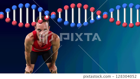 Image of dna strand over male sportsman resting 128304052