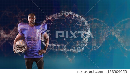 Image of digital brain spinning over male american football player holding helmet 128304053