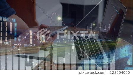 Image of statistics and data processing over businessman using smartphone 128304060