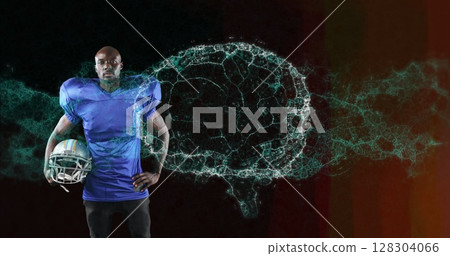 Image of digital brain spinning over male american football player holding helmet Image of digital brain spinning over male american football player holding helmet 128304066