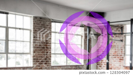 Image of purple circles spinning over industrial gym interiors 128304097