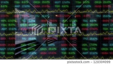 Image of financial data processing over cityscape Image of financial data processing over cityscape 128304099