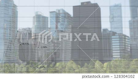 Image of financial data processing over cityscape 128304102