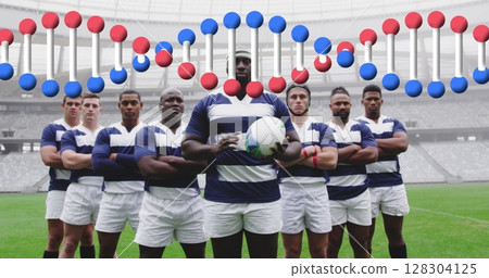 Image of dna strand over male rugby players at stadium Image of dna strand over male rugby players at stadium 128304125