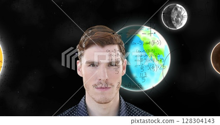 Image of businessman over equations and solar system Image of businessman over equations and solar system 128304143