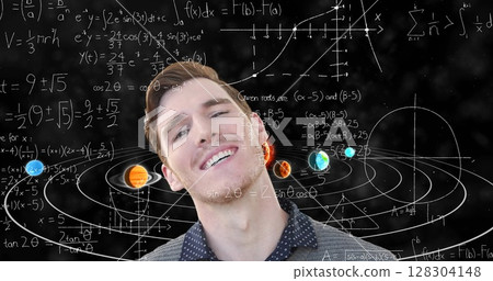 Image of businessman over equations and solar system Image of businessman over equations and solar system 128304148
