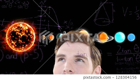 Image of businessman over equations and solar system 128304156