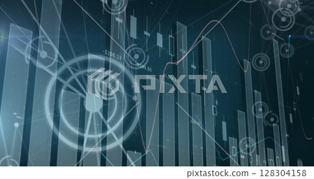 Image of statistics and data processing on blue background 128304158