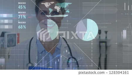 Image of statistics and data processing over female doctor 128304161