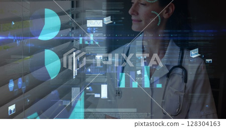 Image of statistics and data processing over female doctor Image of statistics and data processing over female doctor 128304163