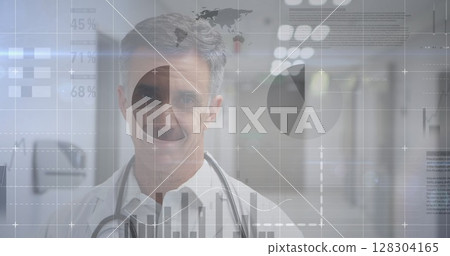 Image of statistics and data processing over male doctor 128304165