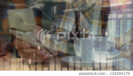 Image of statistics and data processing over man using smartphone 128304170