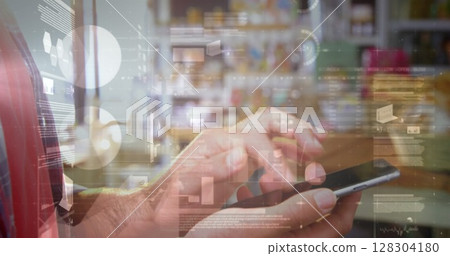 Image of statistics and data processing over woman using smartphone 128304180