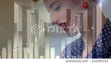 Image of statistics and data processing over woman using smartphone 128304181