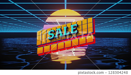 Image of sale text over squares and retro grid background 128304248