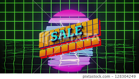 Image of sale text over squares and retro neon grid background 128304249