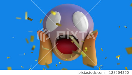 Digital image of golden confetti falling over surprised face emoji against blue background 128304260