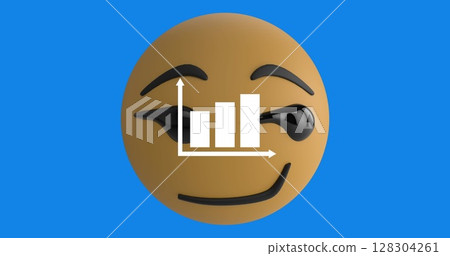Digital image of bar graph icon over smirk face emoji against blue background 128304261