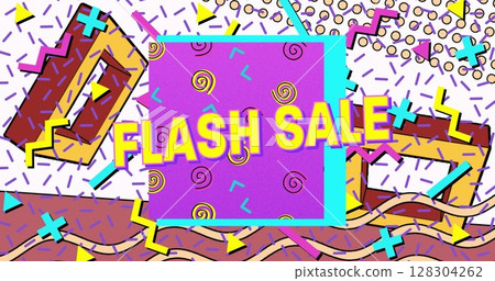 Image of flash sale text in yellow letters over brightly coloured retro pattern Image of flash sale text in yellow letters over brightly coloured retro pattern 128304262