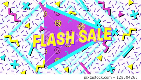 Image of flash sale text in yellow letters over brightly coloured retro pattern 128304263