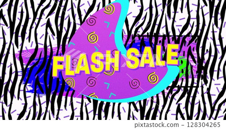 Image of flash sale text in yellow letters over brightly coloured zebra retro pattern 128304265
