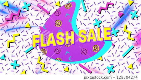 Flash sale text on purple banner against abstract colorful shapes on white background 128304274