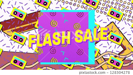Flash sale text on purple banner against vhs tape icons in seamless pattern on white background Flash sale text on purple banner against vhs tape icons in seamless pattern on white background 128304278