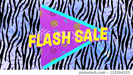 Digital image of flash sale text on purple banner over zebra stripes pattern on blue background 128304283