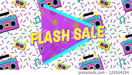 Flash sale text on purple banner against vhs tape icons in seamless pattern on white background 128304284