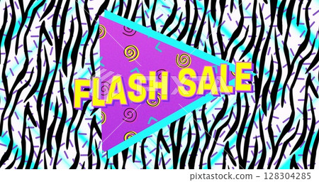 Digital image of flash sale text on purple banner over zebra stripes pattern on white background 128304285
