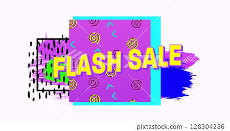 Flash sale text on purple banner against abstract colorful shapes on white background Flash sale text on purple banner against abstract colorful shapes on white background 128304286