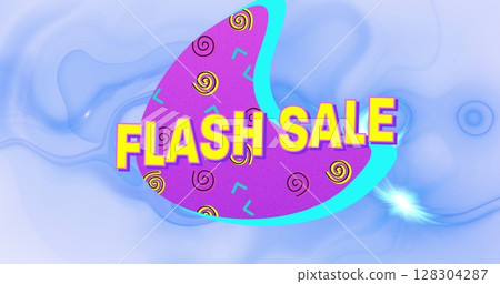 Digital image of flash sale text on purple banner against digital waves on blue background Digital image of flash sale text on purple banner against digital waves on blue background 128304287