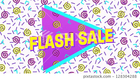 Flash sale text on purple banner against abstract colorful shapes on white background Flash sale text on purple banner against abstract colorful shapes on white background 128304288