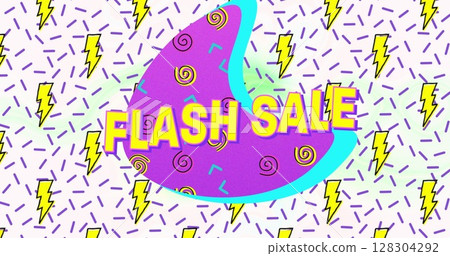 Flash sale text on purple banner against thunderbolt icons in seamless pattern on white background 128304292