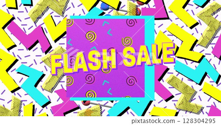Image of flash sale text over retro vibrant colour retro shapes Image of flash sale text over retro vibrant colour retro shapes 128304295