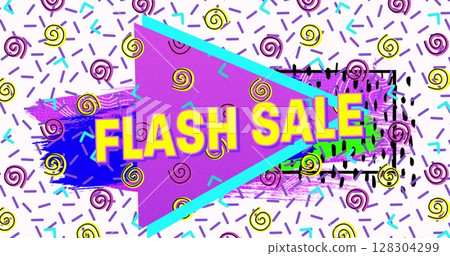 Image of flash sale text in yellow letters over brightly coloured retro pattern 128304299