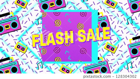 Image of flash sale text in yellow letters over brightly coloured retro cassette players pattern 128304302