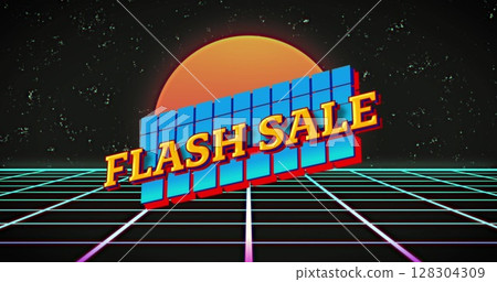 Flash sale text on abstract shapes over grid network and orange round banner on black background 128304309