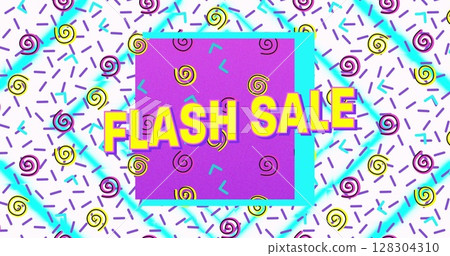 Flash sale text on purple banner against abstract colorful shapes on white background 128304310