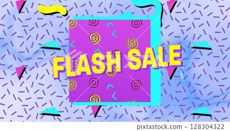 Image of flash sale text in yellow letters over brightly coloured retro pattern 128304322