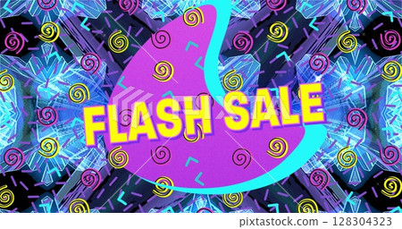 Flash sale text on purple banner against abstract colorful shapes on blue background 128304323