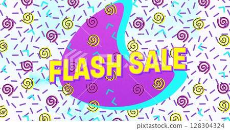 Flash sale text on purple banner against abstract colorful shapes on white background 128304324