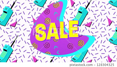 Image of flash sale text in yellow letters over brightly coloured retro pattern Image of flash sale text in yellow letters over brightly coloured retro pattern 128304325