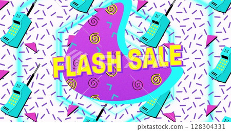Flash sale text on purple banner against telephone icons in seamless pattern on white background Flash sale text on purple banner against telephone icons in seamless pattern on white background 128304331