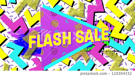 Flash sale text on purple banner against abstract colorful shapes on white background Flash sale text on purple banner against abstract colorful shapes on white background 128304332