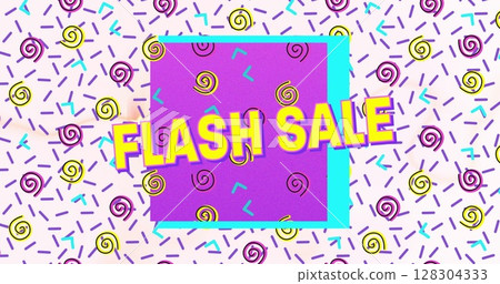Flash sale text on purple banner against abstract colorful shapes on white background Flash sale text on purple banner against abstract colorful shapes on white background 128304333