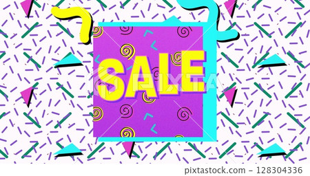 Image of flash sale text in yellow letters over brightly coloured retro pattern 128304336