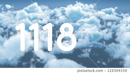 Digital image of the number displayed in bold white text over a cloudy sky background Digital image of the number displayed in bold white text over a cloudy sky background 128304339