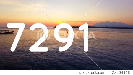 Digital image of the number in bold white text over a scenic sunset by the water Digital image of the number in bold white text over a scenic sunset by the water 128304348